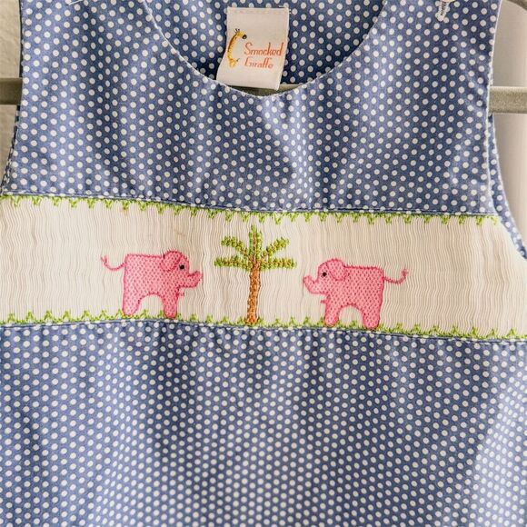 Smocked Giraffe Girls Blue Polka Dot Dress w/ Pink Elephant Embroidery Size 2 - Picture 2 of 11
